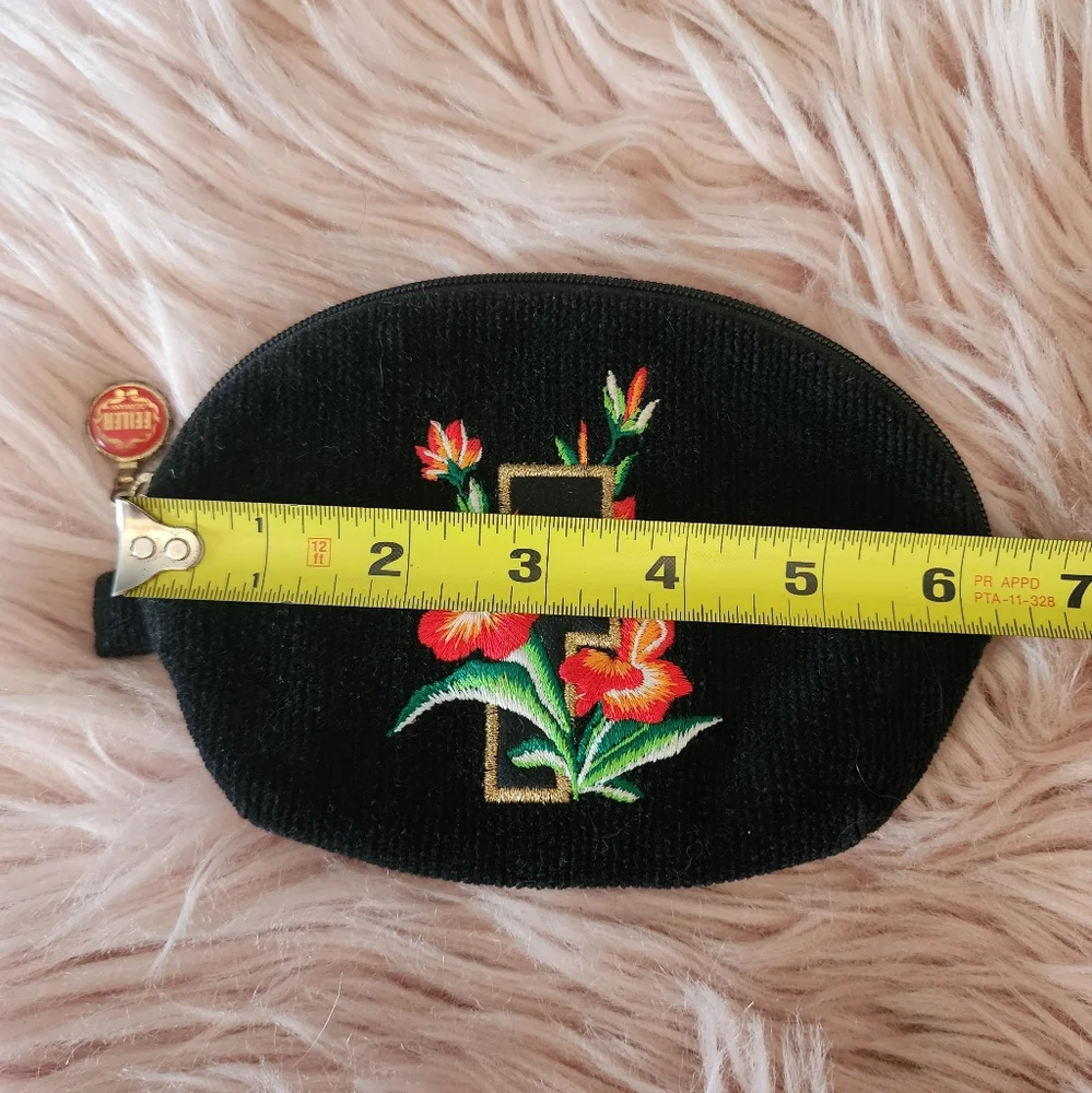 Feiler Germany Black Floral Embroidered Zipper Pouch